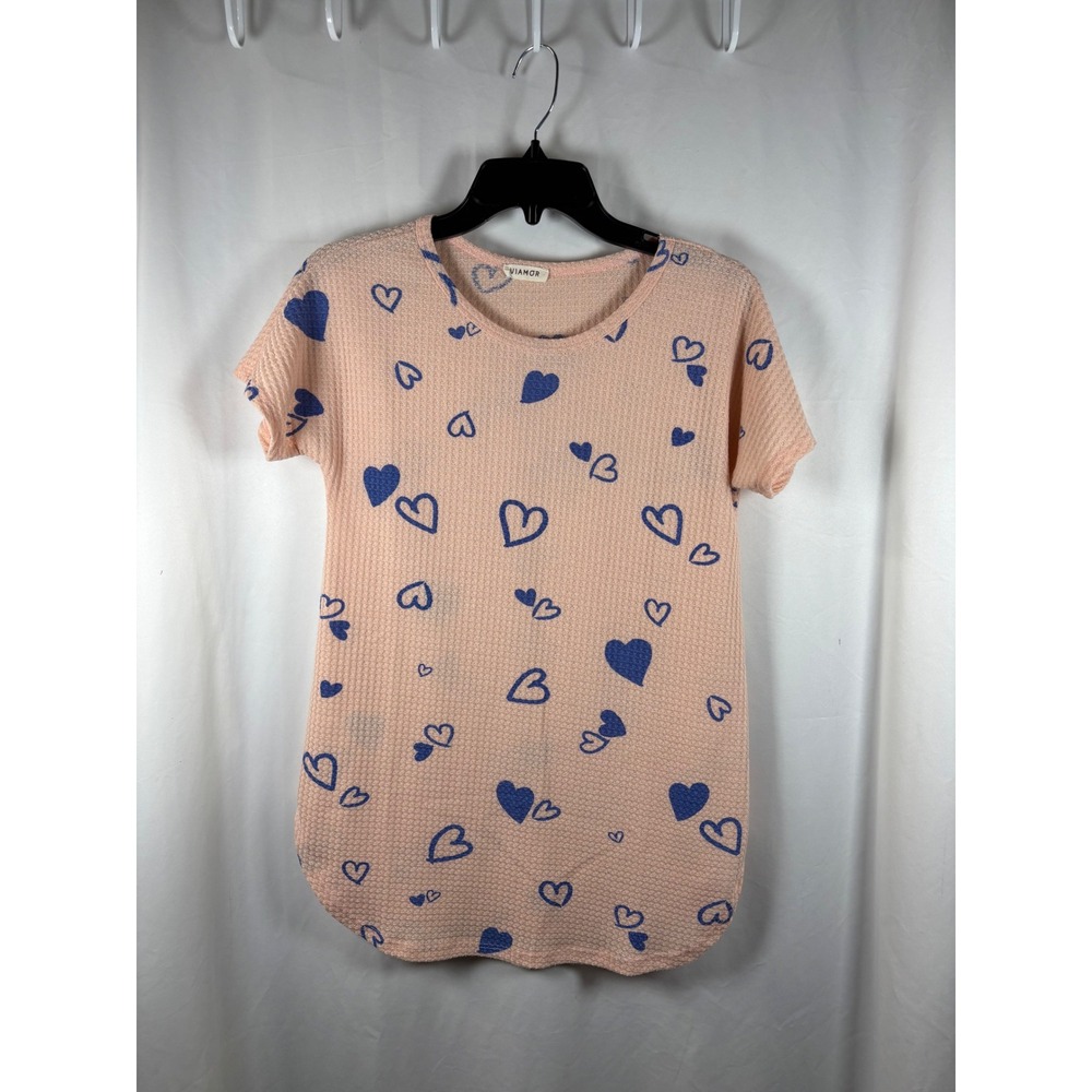 Viamor Peach Waffle Knit‎ Heart Print Short Sleeve Top Tunic Small Made in USA